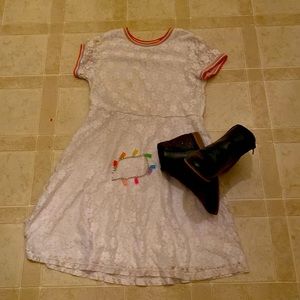 Floral dress with boots and Gummy Bear necklace